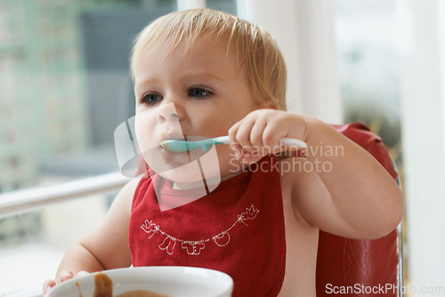 Image of Hungry, sweet and baby eating porridge for health, nutrition or child development at home. Food, cute and girl toddler or kid enjoying an organic puree meal for lunch or dinner in high chair at house