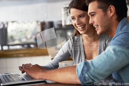 Image of Laptop, coffee shop or happy couple of business owner reading customer experience, service insight or research. Entrepreneur, teamwork or people check cafe feedback, hospitality review or online menu