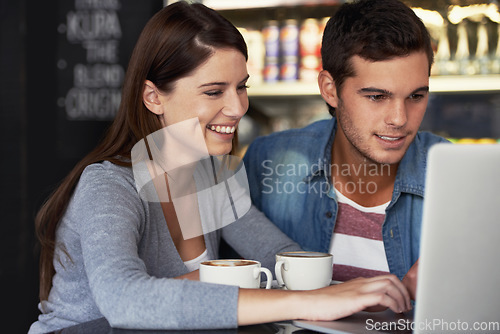 Image of Laptop, coffee shop and couple for business owner planning customer experience, service insight or research. Restaurant, collaboration and team typing cafe feedback, hospitality review or online menu