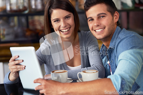 Image of Portrait, coffee shop and couple of business owner with tablet for management of diner, services or research. Entrepreneur, teamwork and people check cafe feedback, hospitality review or online menu