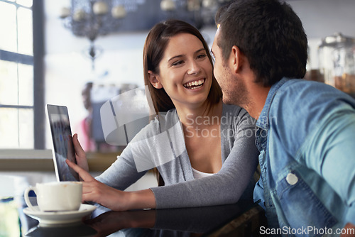 Image of Tablet, restaurant and couple of people smile for cafe feedback, diner review and monitor web traffic to online menu. Remote work, freelance and team check social network for cafeteria reputation
