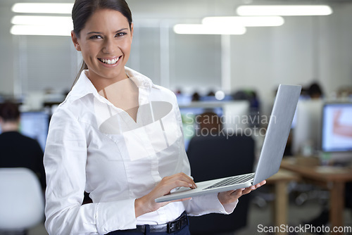 Image of Business woman, portrait and laptop in workspace for information technology, planning and software management. Professional leader or manager on computer for workflow and employees schedule in office