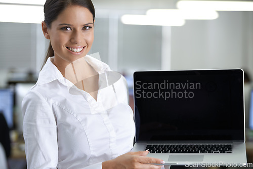 Image of Business woman, computer screen and office presentation for website, information technology and registration. Portrait or face of professional worker on laptop space or mockup for online programming