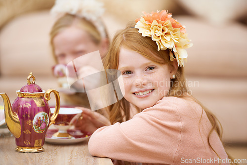 Image of Girl, child and portrait with happiness at tea party in backyard for birthday, celebration and playing outdoor in home. Person, kid and face in garden of house with dress up, flower and role play fun