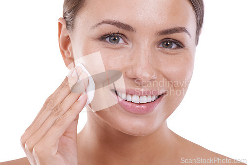 Image of Woman, makeup remover and portrait with cotton pad, skincare and cleansing with close up, toner and female person. Skin, application and glowing face on white background, model and dermatology