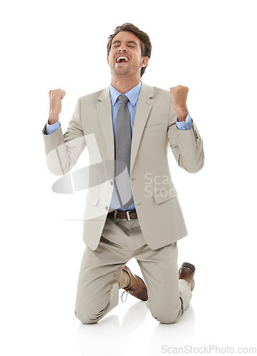 Image of Happy businessman, fist pump and celebration for winning or success against a white studio background. Excited man or employee in relief or satisfaction for bonus, promotion or achievement on mockup