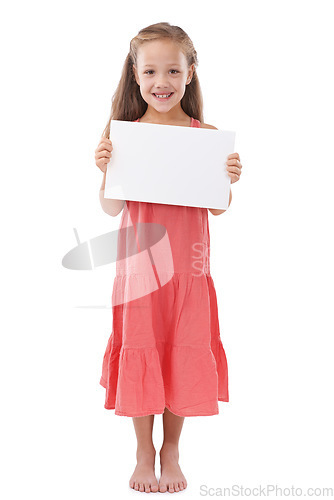 Image of Poster, mockup and portrait of kid with presentation, broadcast space and advertising news in studio on white background. Happy girl, child and sign board for feedback, offer and information about us