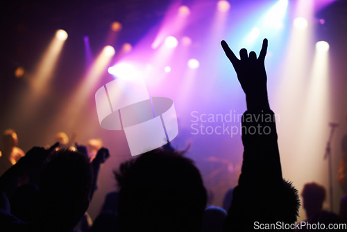 Image of Silhouette, concert and audience with rock or sign for music, party and rave festival with spotlight and dancing. Disco, dj event and performance with entertainment, crowd and rear view gesture