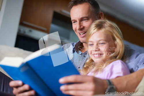 Image of Father, child and reading a book for education at home, story and fantasy fiction for homeschooling. Daddy, daughter and care for bonding, literacy and storytelling for language development or growth