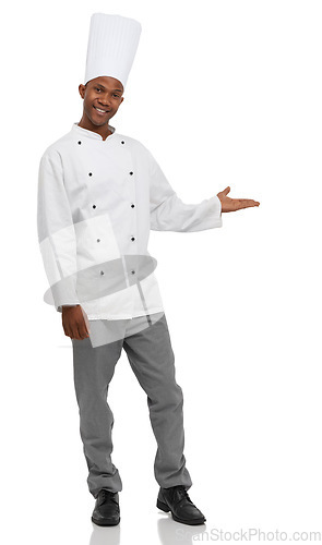 Image of Black man, chef and advertising with hands, portrait and confident guy on white studio background. African person, culinary expert or mockup space with career, food industry and employee with uniform