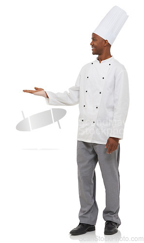 Image of Happy, chef and hand gesture in studio with friendly service and professional cook in hospitality job. Black man, positive and open palm small business in pride and uniform by hat by white background