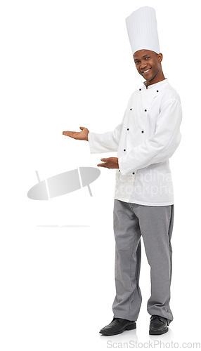 Image of Cooking, portrait and black man chef with hand pointing to studio for checklist, menu or promo on white background. Bakery, presentation or face of male baker showing food tips, guide or sign up info