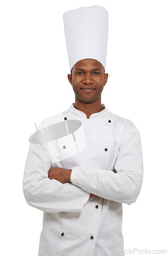Image of Portrait, black chef and confident in studio in hospitality career, cooking job and small business entrepreneur. African man, arms crossed and food industry and uniform with hat by white background