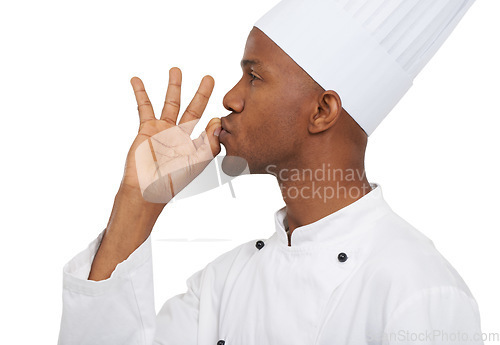 Image of Magnifique. Man, chef and worker with perfect sign, close up or confident guy on white studio background. African person, culinary expert and young with career, food industry and employee uniform.