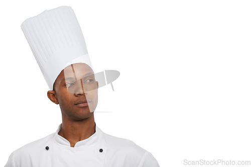 Image of Man, chef and thinking of food, professional and serious guy on white studio background. African person, culinary expert and mockup space with vision, hospitality industry and employee menu idea