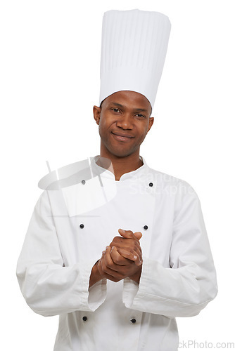 Image of Portrait, black man and confident chef in studio isolated on a white background. Face, cooking professional and young African person, baker and restaurant worker in hat with catering job in Nigeria