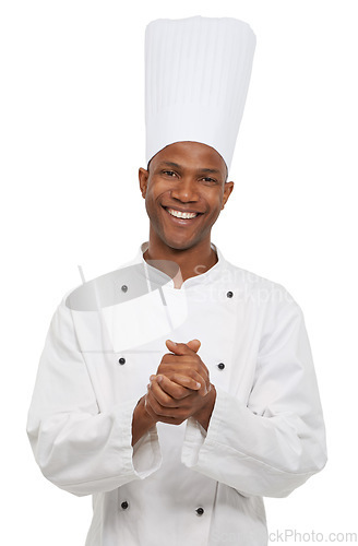 Image of Portrait, black man and happy chef in studio isolated on white background. Face, cooking professional and smile of young African person, baker or restaurant worker in hat with catering job in Nigeria