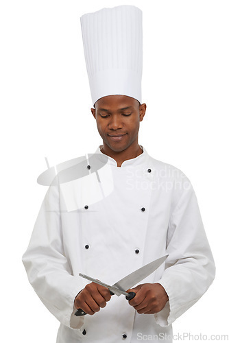 Image of Black man, chef and sharpen knife in studio isolated on a white background. Cooking, professional and honing steel tool, metal and utensil for restaurant preparation, working and culinary service