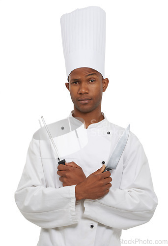 Image of Black man, chef and portrait with knife sharpener in studio isolated on a white background. Face, cooking professional or blade, metal steel tool or utensil for serious catering service in restaurant
