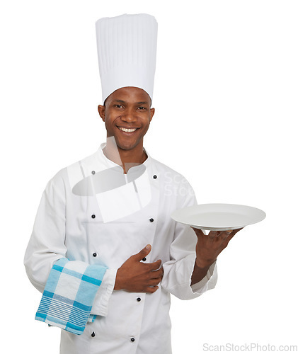 Image of Portrait, chef and plate in studio in hospitality career, happy server, waiter and professional in food industry. African man, catering job and smile on face and serving with hat by white background