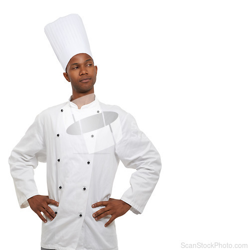 Image of Man, chef and thinking of idea, professional and confident guy on white studio background. African person, culinary expert and mockup space with career, hospitality industry and employee uniform
