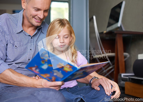 Image of Father, child and reading book at homeschool, learning and fantasy fiction for education at home. Daddy, daughter and bonding together in childhood, literacy and storytelling for language development