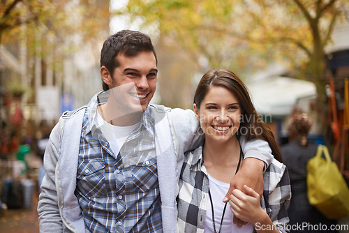 Image of Happy, walking and couple holding hands, hug and enjoy city date, morning trip and tour of urban Paris for outdoor adventure. Love, travel and bonding boyfriend, girlfriend or people on relax commute