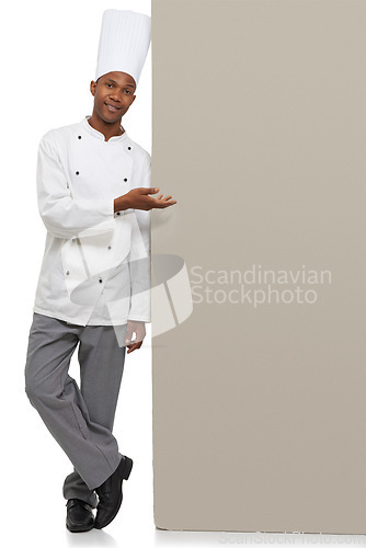 Image of Portrait, poster and black man chef with hand pointing in studio for checklist, menu or space on white background. Bakery, presentation or baker face with food tips billboard, guide or steps mock up