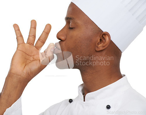 Image of Black man, chef and eyes closed with perfect sign, close up or confident guy on white studio background. African person, culinary expert and young with career, food industry and employee uniform