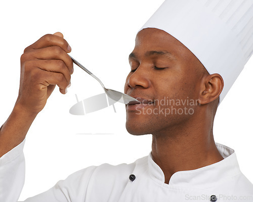 Image of Recipe, chef and spoon to taste food in studio and hospitality career for creative cooking in restaurant job. Black man, eating or pride by delicious dish or enjoy in catering job by white background