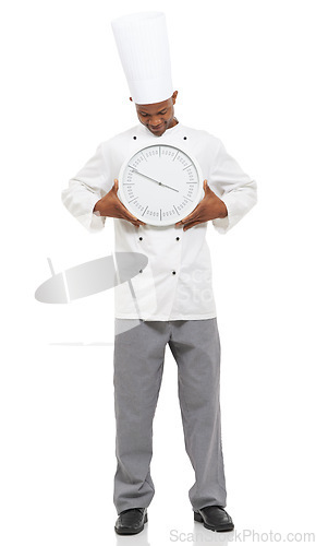 Image of Chef, smile and man with clock for time, speed or deadline isolated on white studio background. Cooking professional, countdown alarm or fast urgency of African person in restaurant catering service