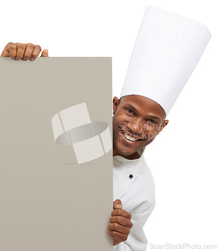 Image of Portrait, banner or black man chef with studio poster for checklist, menu or space on white background. Bakery, presentation or baker face with food, cooking or tips billboard, guide or steps mockup