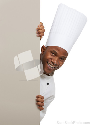 Image of Happy man, portrait and chef on poster menu in studio isolated on a white background mockup space. Face, cooking and African person on billboard for advertising, marketing sign and promotion banner