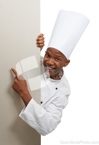 Image of Portrait, poster and hand pointing by black man chef in studio for checklist, menu or space on white background. Bakery, presentation or baker face with cooking tips billboard, guide or steps mock up