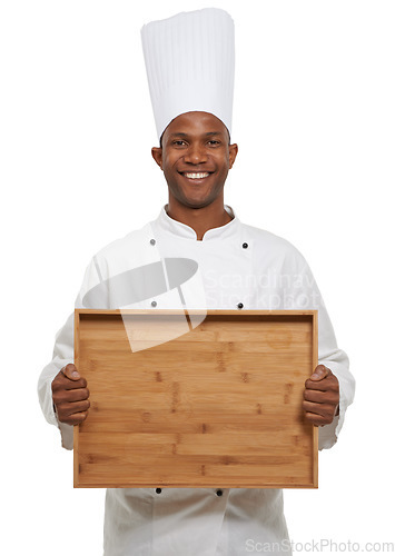 Image of Portrait, positive chef or tray in studio in hospitality career, cook or pride of empty dish in restaurant startup. Black man, face or serving food in confidence or uniform or hat by white background