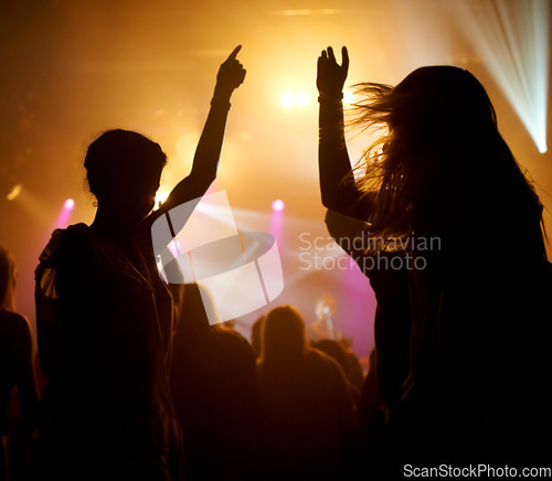 Image of Crowd, dancing and lights concert or silhouette for live music performance or festival, rock or friends. Audience, dj and stage event for celebration rave or band sound as partying, weekend or night