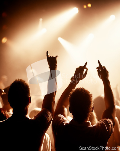 Image of Friends, dancing and crowd or concert silhouette or live music performance or festival, rock or audio. Audience, dj and stage lights for celebration rave or band sound as partying, weekend or night