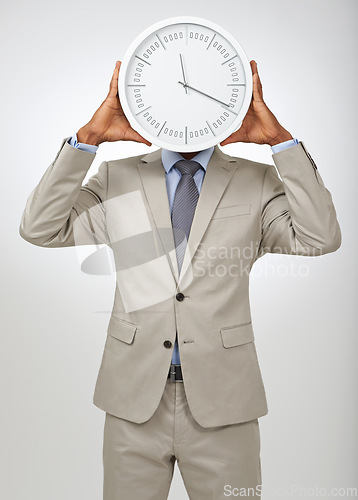 Image of Person, face and business or clock for deadline as law attorney for corporate overtime, punctual or hurry. Employee, hands and white background in studio as mockup for hour schedule, pressure or late