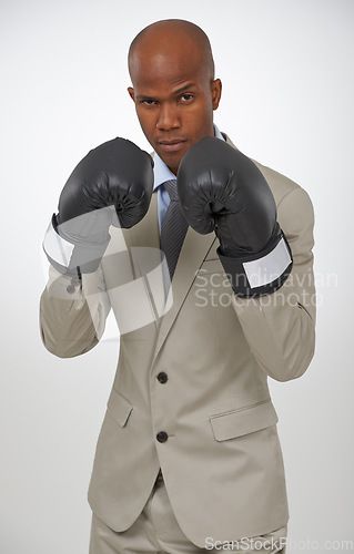 Image of Boxing gloves, studio portrait and professional black man, fighter or lawyer to fight for government law. Battle, boxer and African agent for legal defence, protection or security on white background