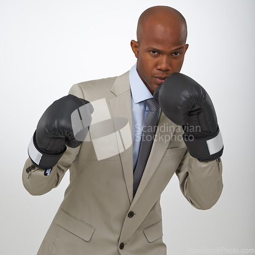 Image of Businessman, portrait and boxing gloves for competition or corporate opportunity, rival or victory. Black man, face and confidence to fight for promotion in studio white background, career or mockup