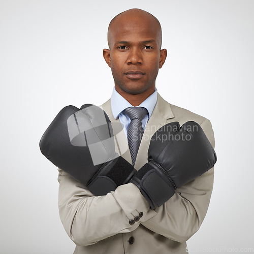 Image of Boxing, gloves or portrait of business black man, boxer or attorney for justice, legal protection or crime fight. Studio, constitution or African advocate serious for self defence on white background