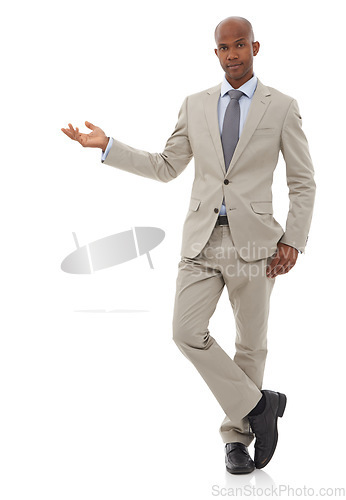 Image of Businessman, portrait and fashion with palm for advertising or marketing on a white studio background. Black man or employee showing presentation, deal or information in business clothing on mockup