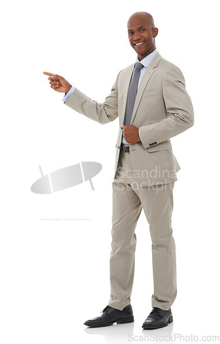 Image of Businessman, portrait and pointing for advertising or marketing in fashion on a white studio background. Black man or employee showing presentation, deal or information in business clothing on mockup