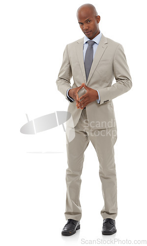 Image of Portrait, business fashion and black man confident in professional suit, studio outfit or fashionable apparel. Corporate career, company dress code and stylish agent assertive on white background