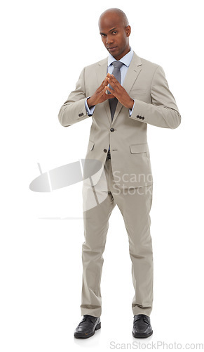 Image of Portrait, business fashion and black man confident in professional suit, studio outfit or fashionable clothes. Serious, dress code and legal attorney with Hakini Mudra gesture on white background