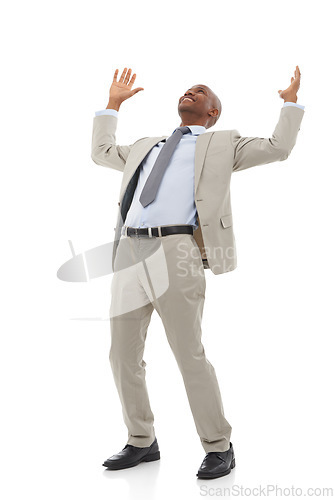 Image of Business, employee or black man with celebration, excited or worker isolated on white studio background. African person, model or entrepreneur with achievement, success or winner with victory or deal