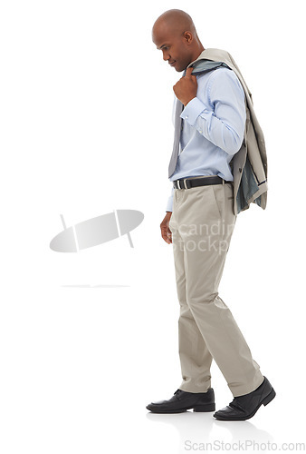 Image of Businessman, thinking and walking or corporate decision as lawyer for future growth, problem solving or opportunity. Male person, blazer and white background in studio or question, thoughts or mockup