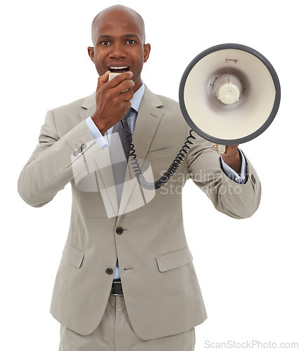 Image of Megaphone, portrait or African businessman shouting or talking in studio on white background. Professional worker screaming with speaker for corporate announcement, breaking news or communication
