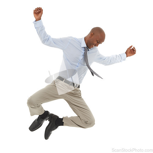 Image of Happy black man, jump and joy for business, success or celebration on a white studio background. Excited young African male person leaping with smile in fashion or formal clothing on mockup space