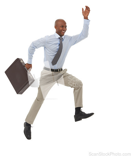 Image of Happy businessman, jump and suitcase in joy for success or celebration on a white studio background. Excited young African male person leaping with smile in fashion or formal clothing on mockup space